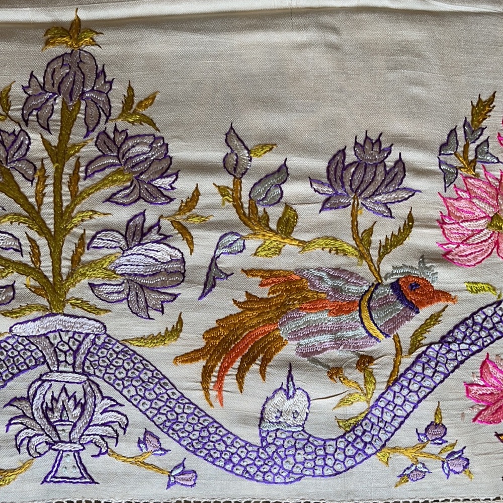 Set of 2 spectacular (95”x54”) vintage embroidered silk tablecloths